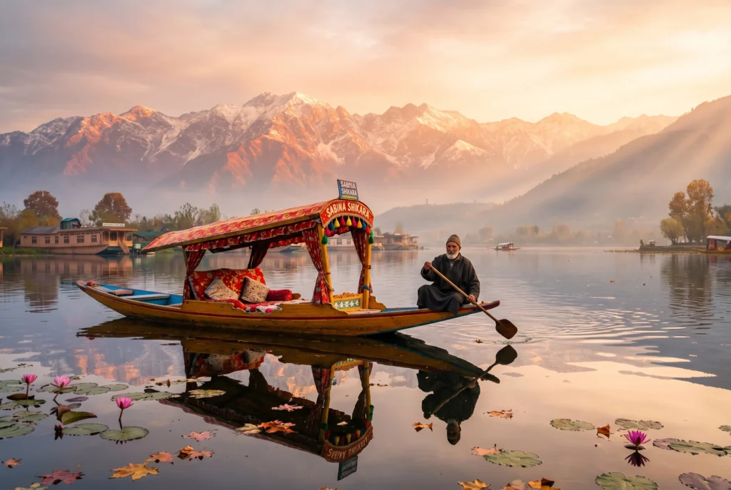 Lone fisherman boat on misty Wular Lake in Bandipora — one of Asia's largest freshwater lakes in Kashmir