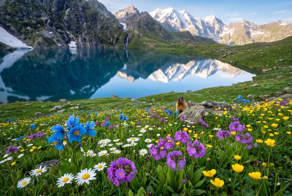 Vibrant wildflowers blooming around Gadsar Lake — the Valley of Flowers of Kashmir on the Great Lakes trek