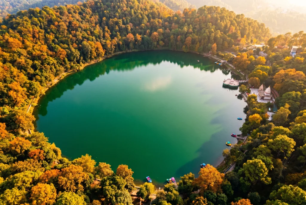 Aerial view of sacred Mansar Lake in Jammu with Sheshnag temple — twin sister of Surinsar Lake in Kashmir region
