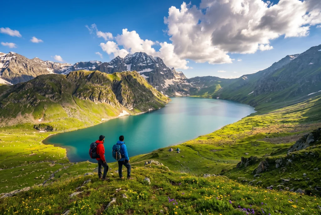 Trekkers admiring almond-shaped Tarsar Lake on the Tarsar Marsar trek in Kashmir's Aru Valley