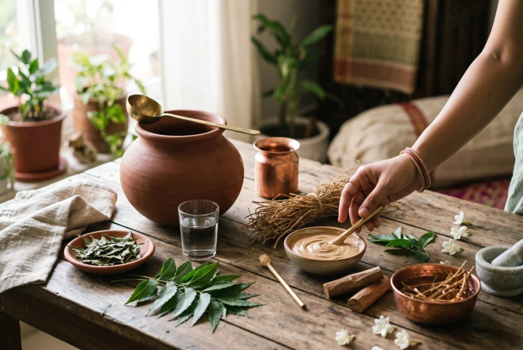 Traditional Ayurvedic cooling herbs and remedies including sandalwood and vetiver for Indian summer health