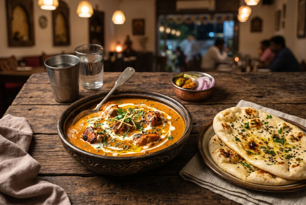 Restaurant style butter chicken served with butter naan
