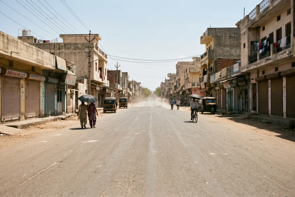 An empty Indian city road shimmering with heat haze on a hot May afternoon