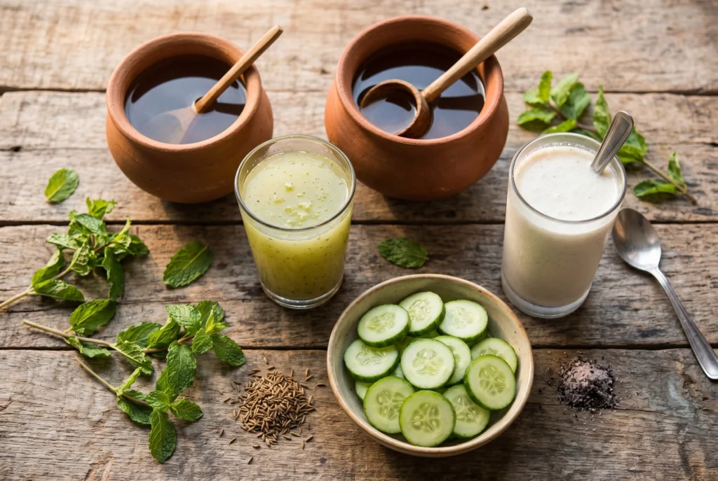 Traditional Indian summer cooling foods and drinks including aam panna, sattu, and cucumber on a wooden table