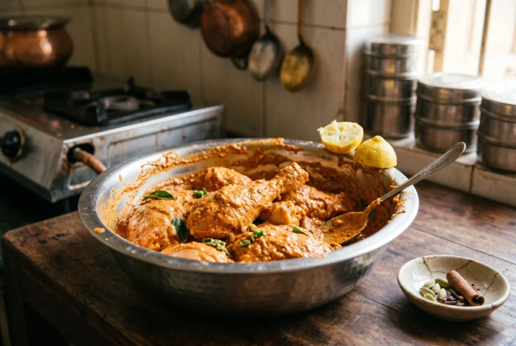 Chicken marinated with yogurt and Indian spices for butter chicken
