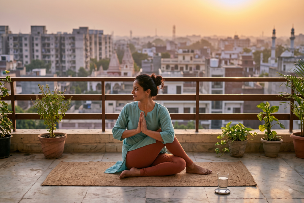 An Indian woman practising morning yoga on a balcony at sunrise with a glass of water for summer hydration