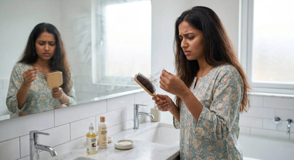 Indian woman noticing hair fall that may be related to vitamin D deficiency.