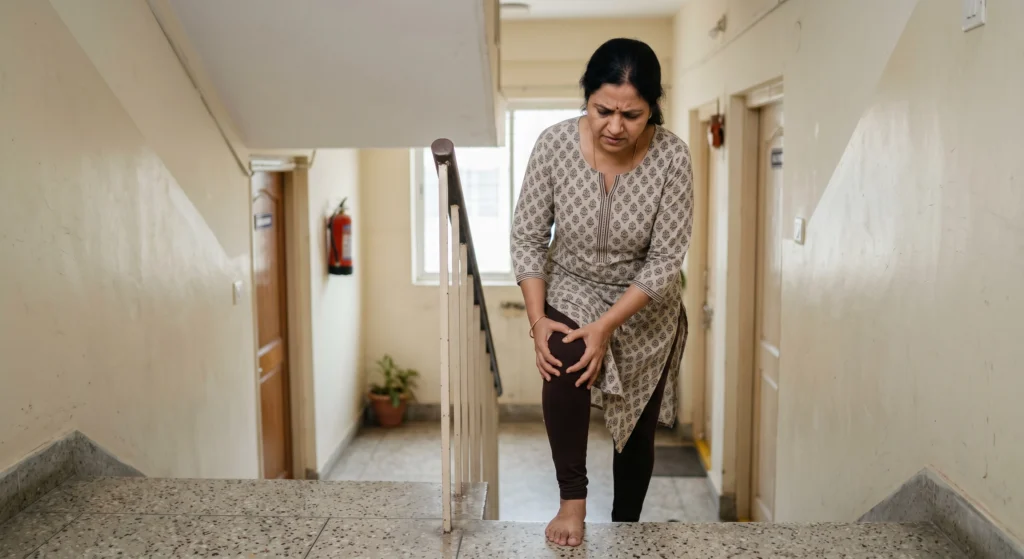 Indian woman experiencing knee and joint pain linked to vitamin D deficiency.