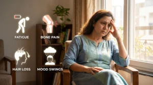 Indian woman feeling low mood and sluggishness linked to low vitamin D levels.