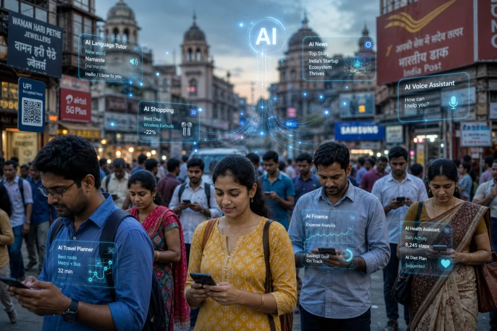 A busy Indian city street with people on phones and holographic AI data overlays illustrating artificial intelligence in daily urban life