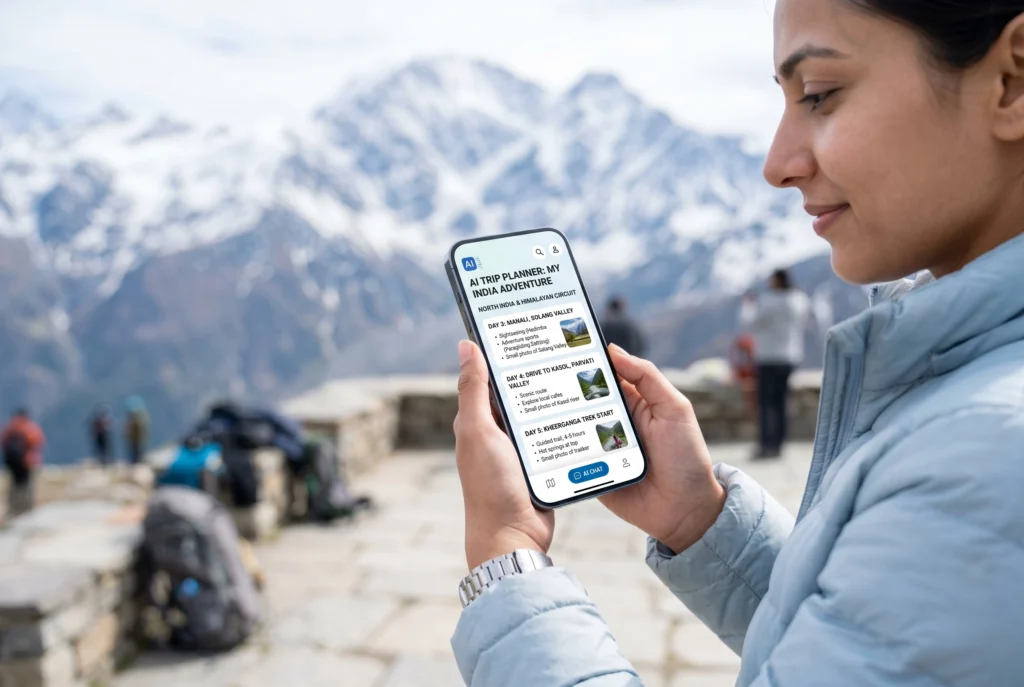 A traveller holding a smartphone with an AI-generated travel itinerary for an India trip with Himalayan mountains in the background