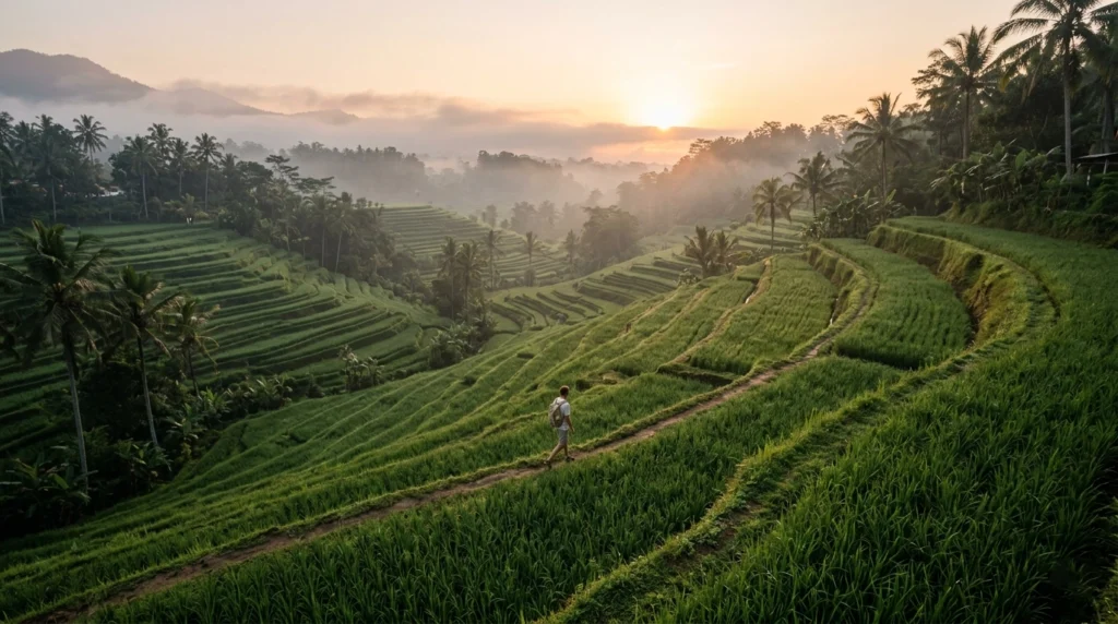  A lone traveller walks through the misty green rice terraces of Tegallalang in Bali at sunrise, away from tourist crowds
