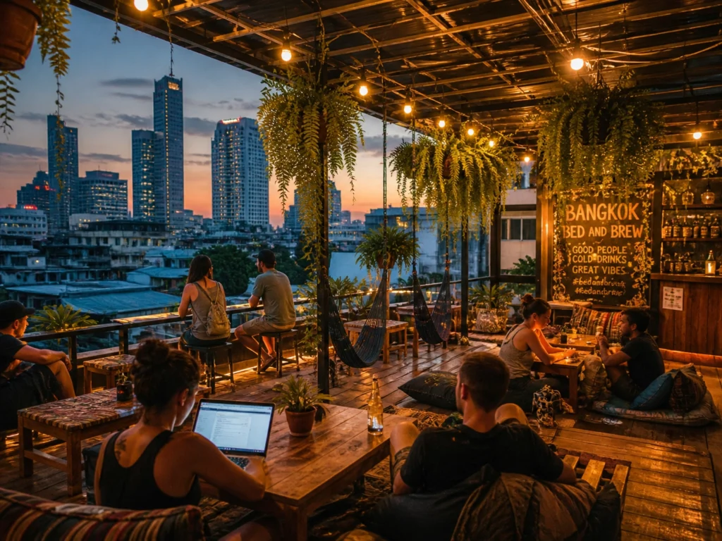 Budget-friendly backpackers relax on a stylish hostel rooftop in Bangkok, a favourite base for Indian travellers exploring Southeast Asia