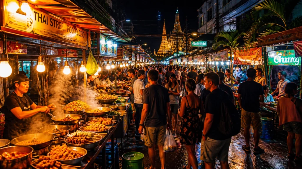 A vibrant Bangkok night market glows with colourful food stalls and warm lights, a favourite destination for budget Indian travellers