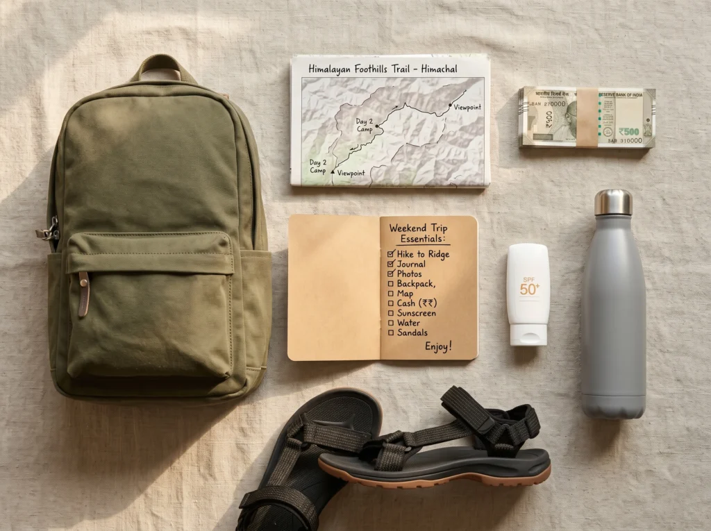 A minimal packing flat lay for a budget weekend micro-escape in India — showing everything you need for a trip under ₹5000