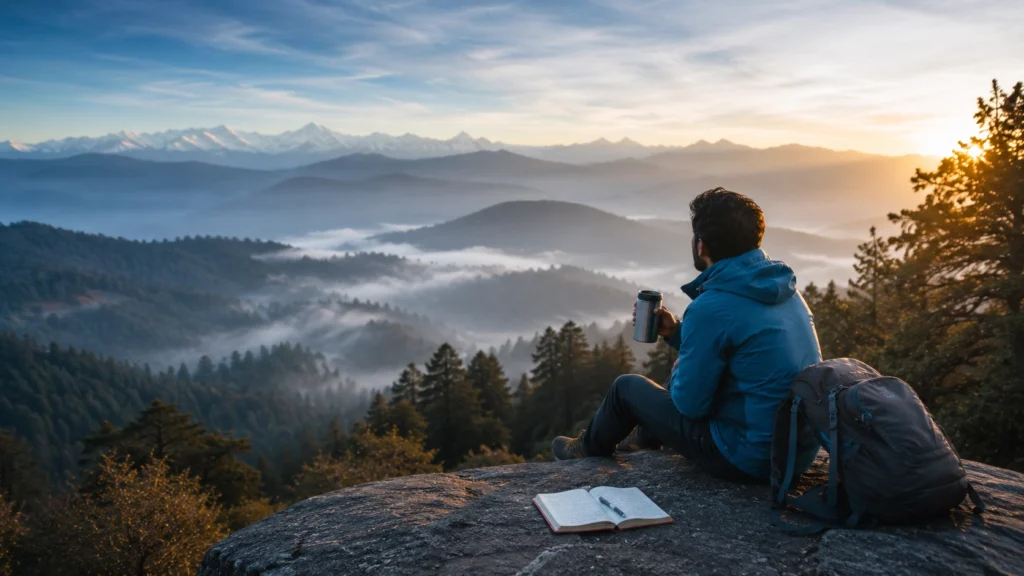 A solo traveller enjoying a misty morning view over a valley in Chopta, Uttarakhand — one of India's best budget weekend getaway destinations, reachable in a day's drive from Delhi