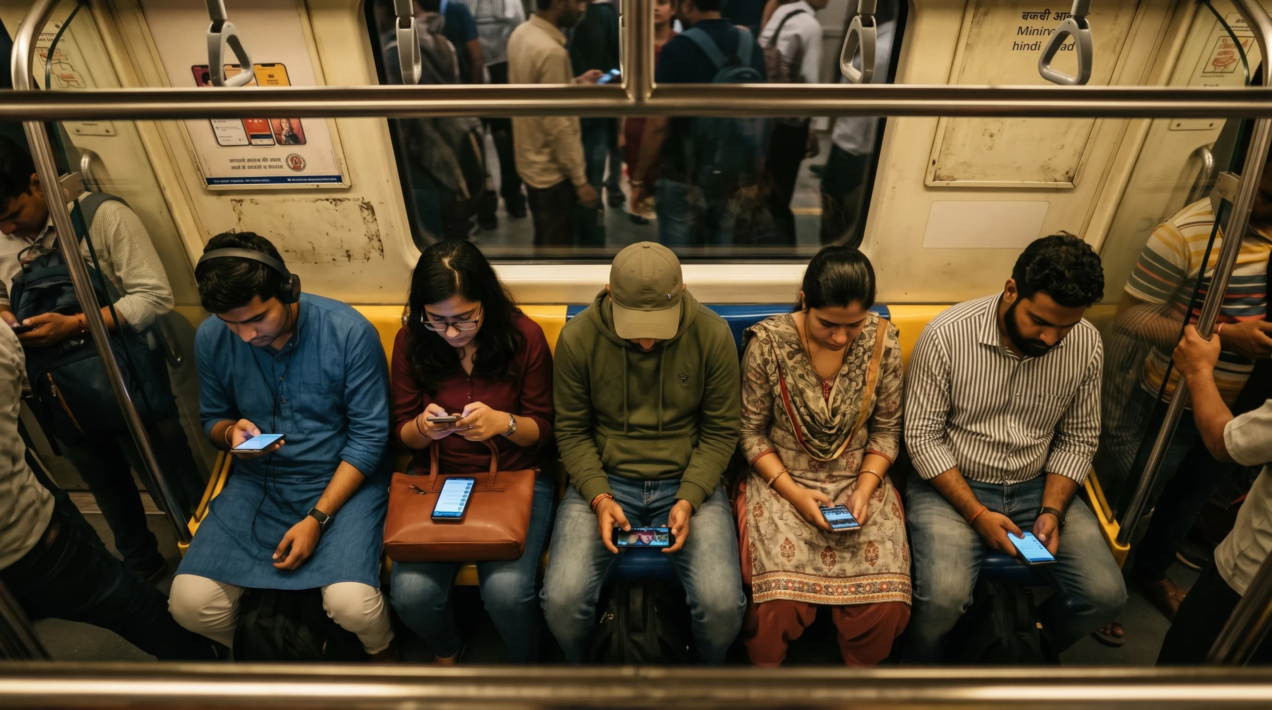 Group of young Indians on smartphones in Delhi metro showing collective digital addiction in India