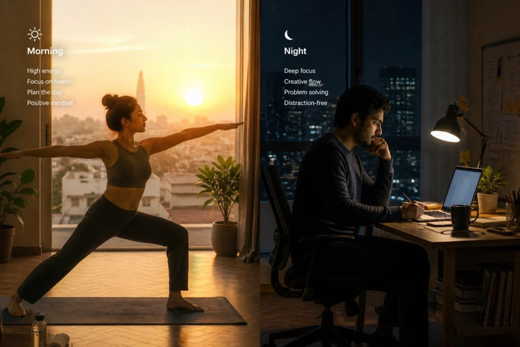 A split image comparing an early bird doing morning yoga at sunrise and a night owl working productively late at night