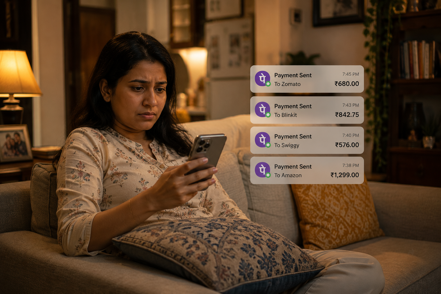 Middle class Indian managing multiple EMI payments on phone showing financial pressure in India