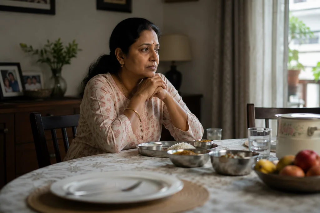 Mother feeling lonely at home due to empty nest syndrome