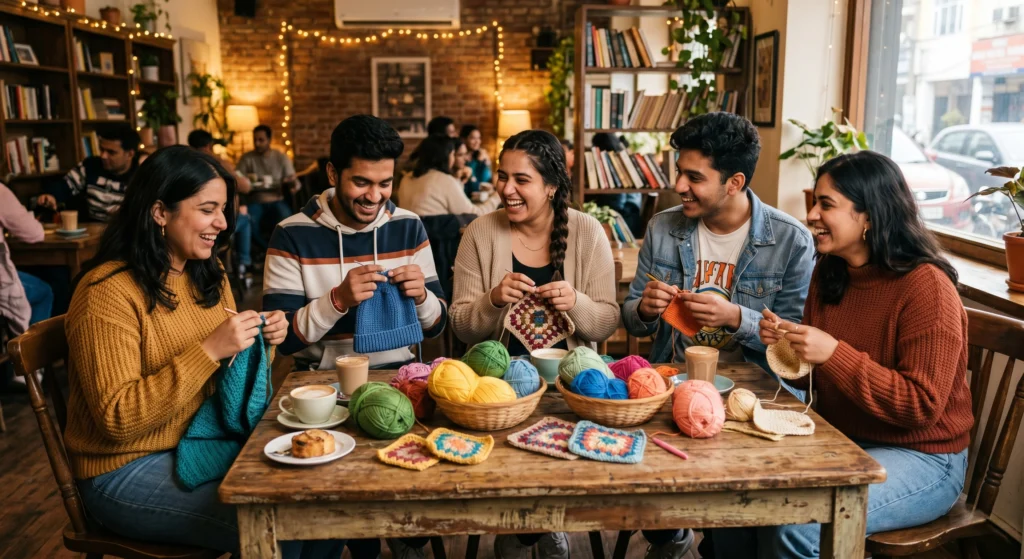 Friends enjoying the Gen Z crochet trend as a creative social lifestyle