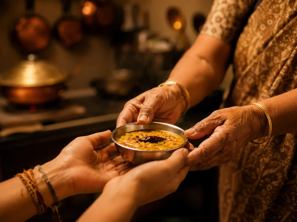 An elderly Indian woman's hands passing a katori of home-cooked food to younger hands, capturing the generational love embedded in Indian comfort food traditions