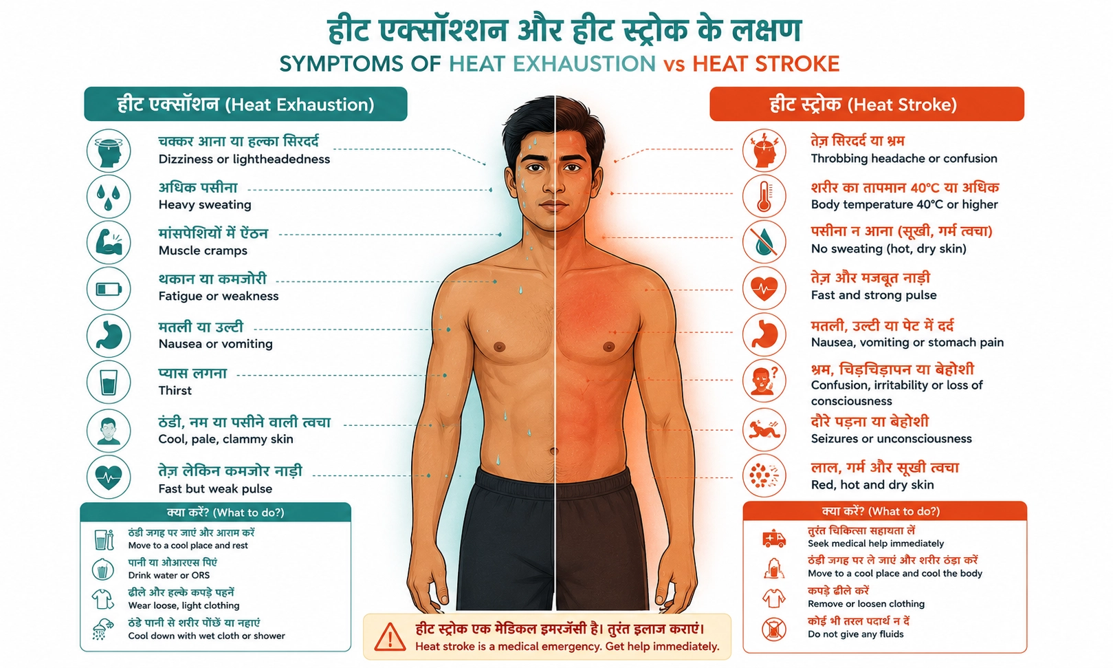 Infographic showing heat stroke and heat exhaustion symptoms in India during the 2026 heatwave