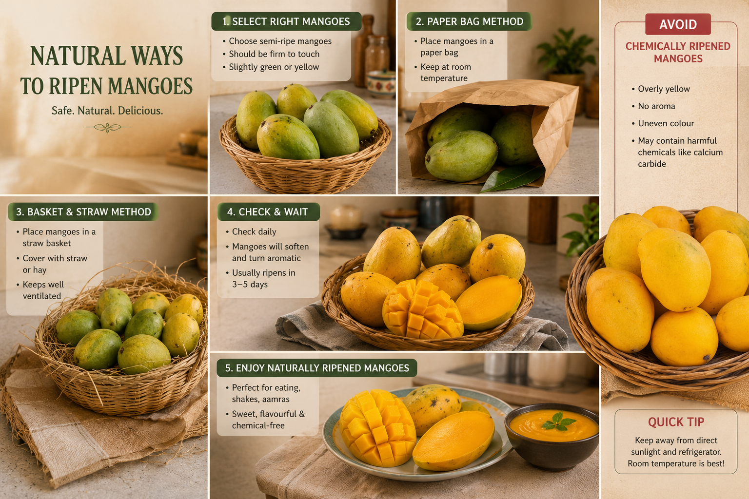 Natural mango ripening method using paper and straw instead of chemical ripening agents.