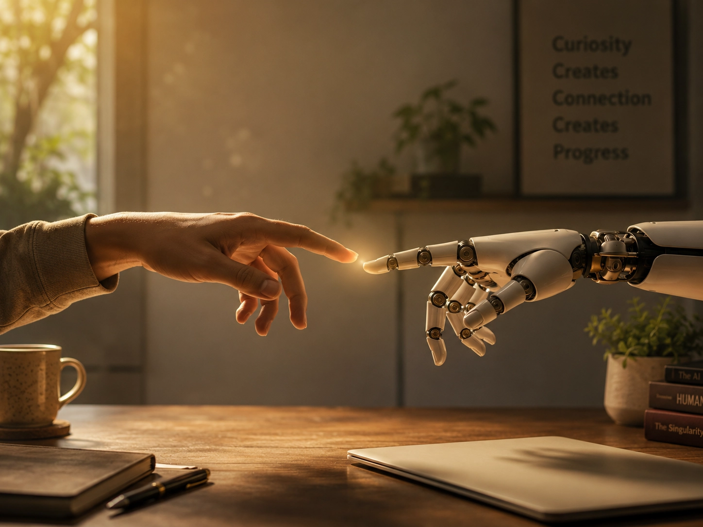 A symbolic image of a human hand and an AI robotic hand reaching toward each other, representing the evolving social etiquette of human-AI interaction in 2026