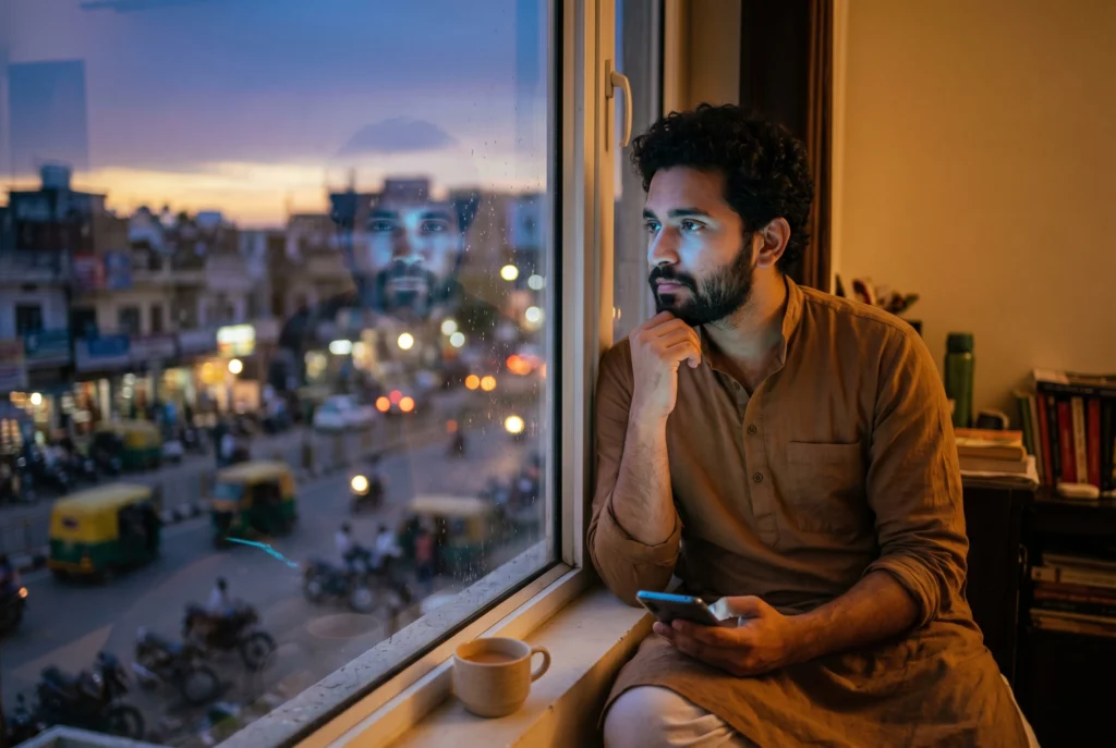 A thoughtful Indian man sitting by a window at dusk reflecting on the impact of artificial intelligence on everyday life