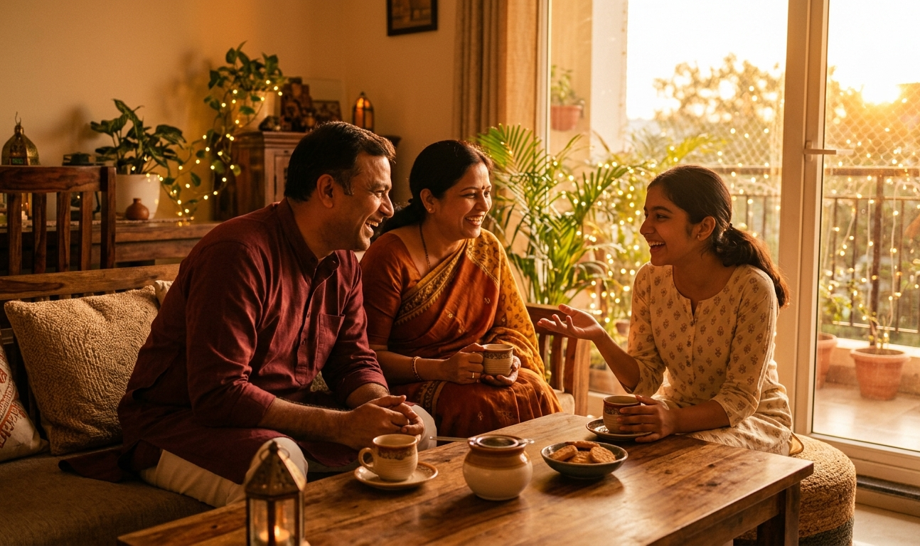 Indian family enjoying offline evening tea together after reducing digital addiction and screen time habits