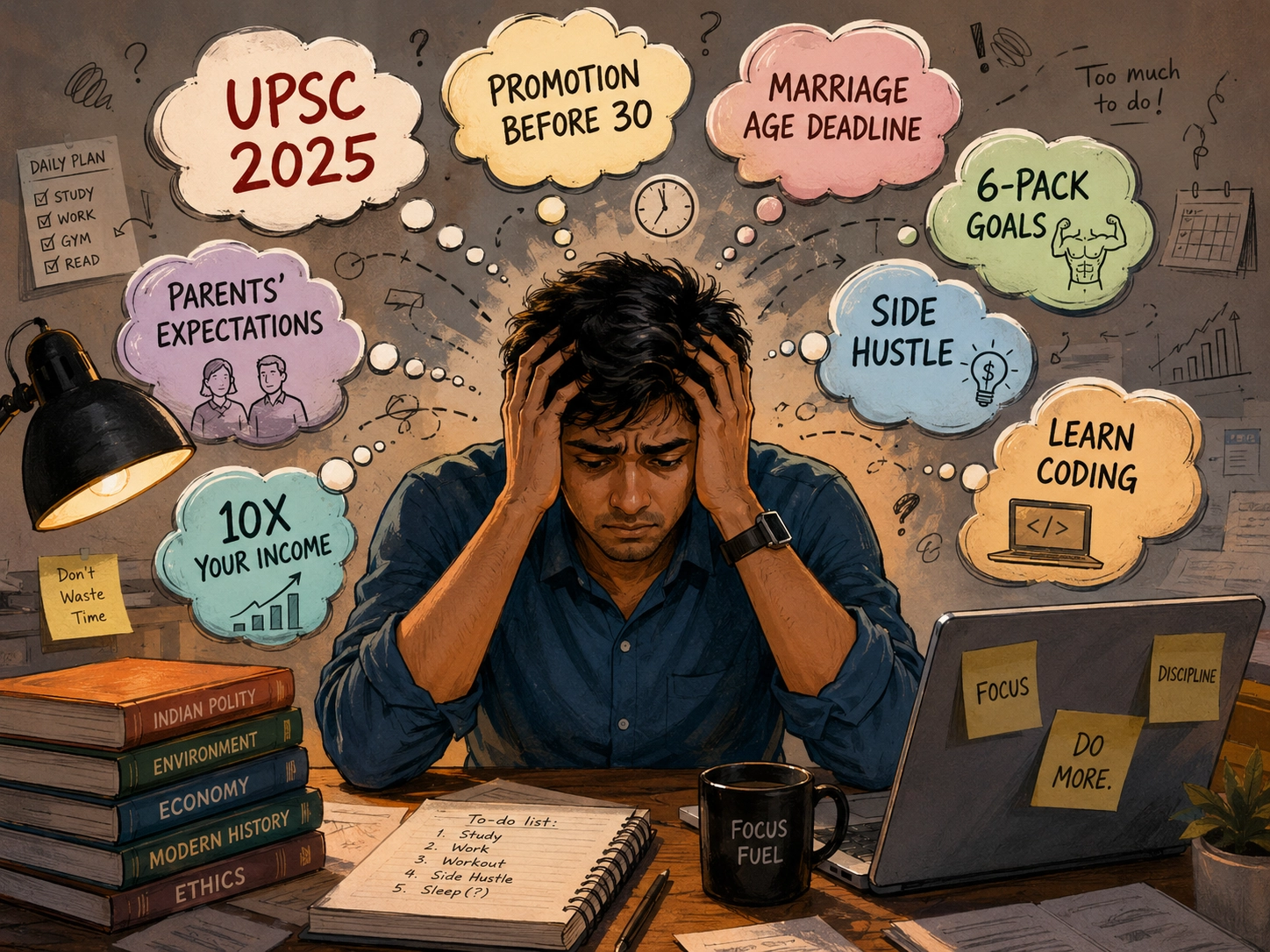 An Indian professional surrounded by competing pressure labels — UPSC, promotions, marriage timelines, fitness goals, and side hustles — illustrating the overwhelming nature of India's self-improvement culture that drives burnout