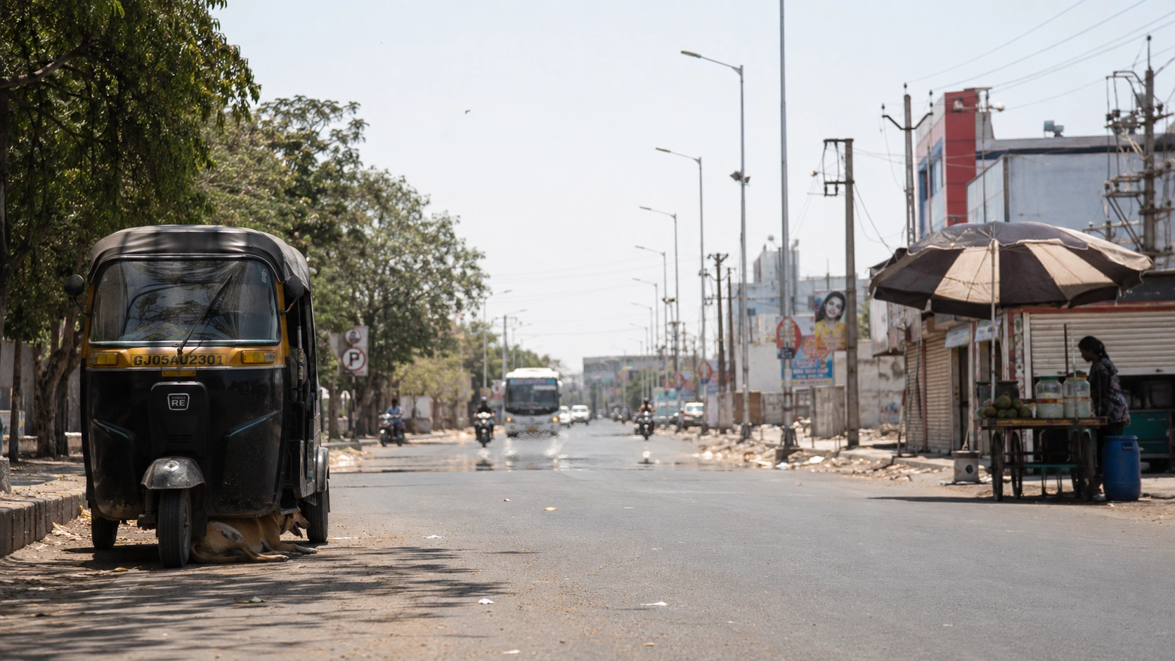 Empty Indian street during extreme heat wave 2026 showing heat haze and deserted roads at noon