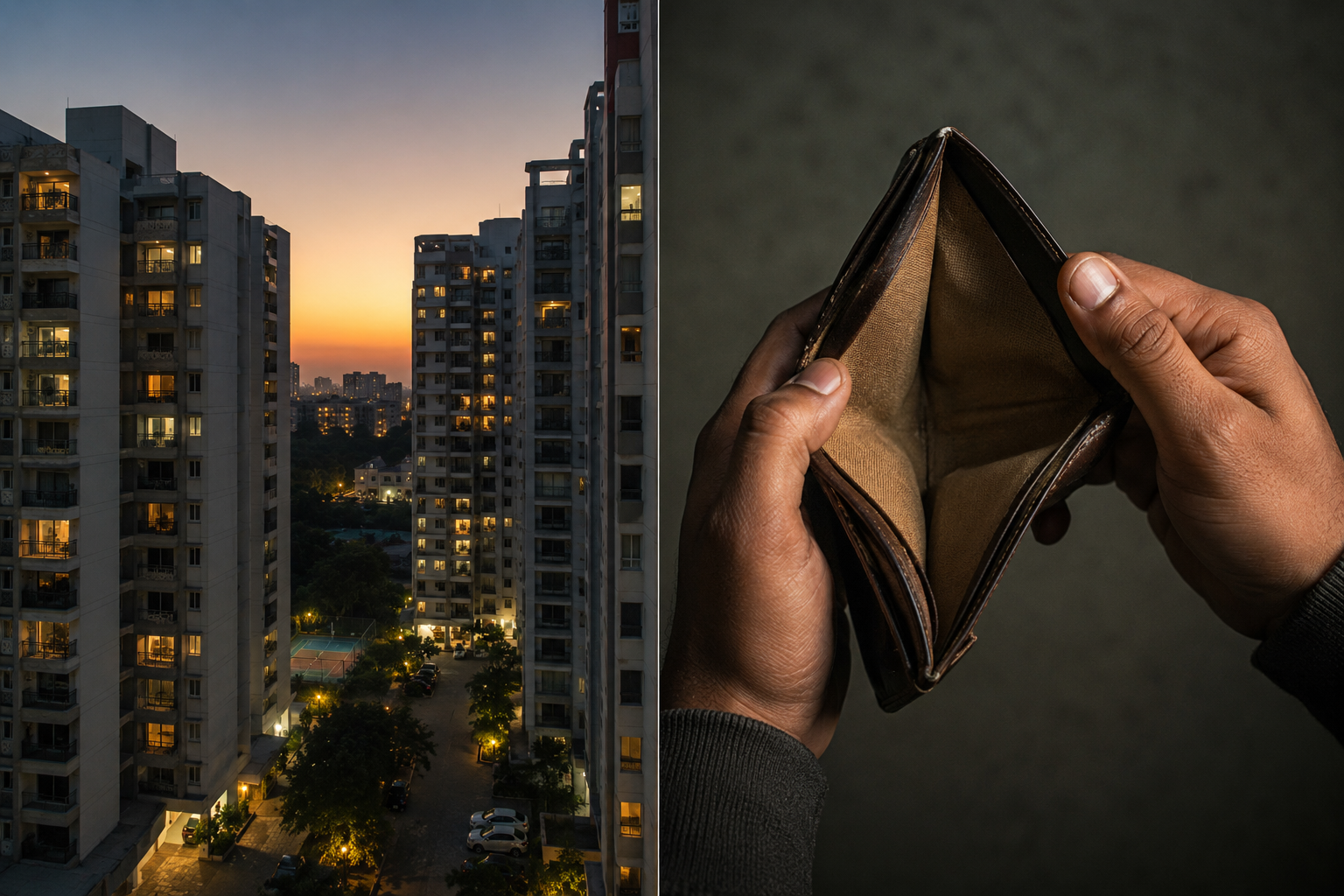 India's urban income and savings gap shown in contrast between modern apartments and empty wallet