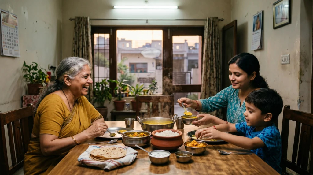An Indian family sharing a warm home-cooked meal together across three generations, showing how nostalgic Indian comfort food recipes nourish bonds as much as bodies
