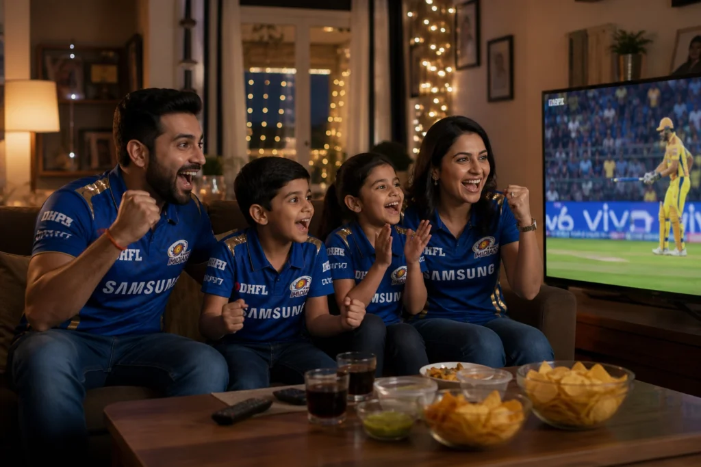 An Indian family watching an IPL 2026 cricket match together at home with team jerseys and snacks