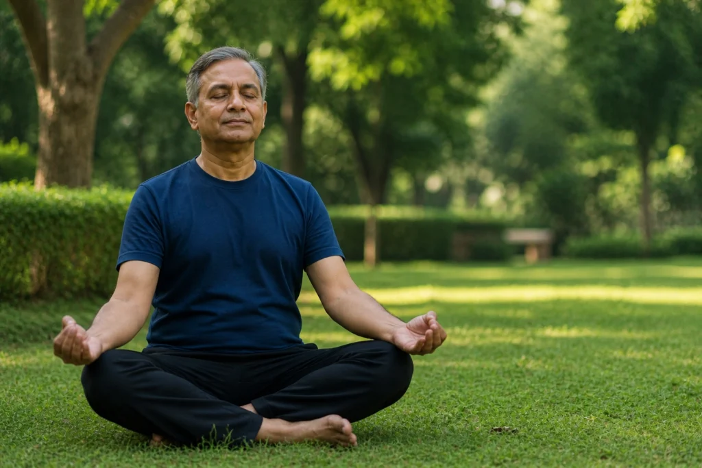 Indian man meditating outdoors showing mental benefits of yoga