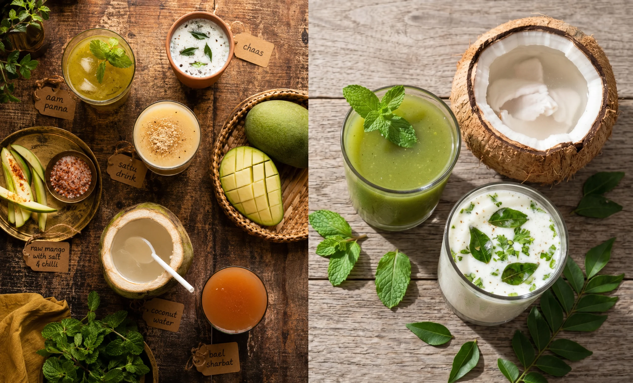 Traditional Indian cooling drinks and foods to beat heatwave 2026 including aam panna chaas and coconut water