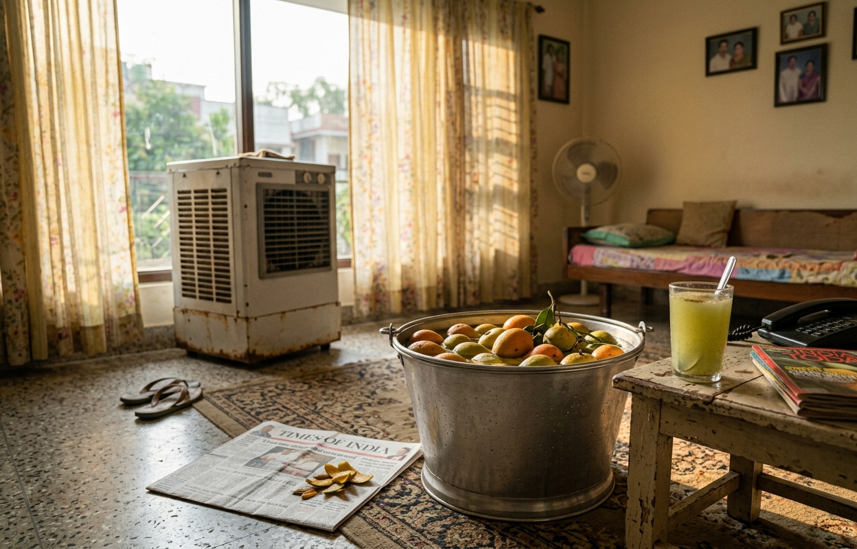 Classic Indian summer afternoon with mangoes soaking in water, aam panna and old cooler atmosphere.