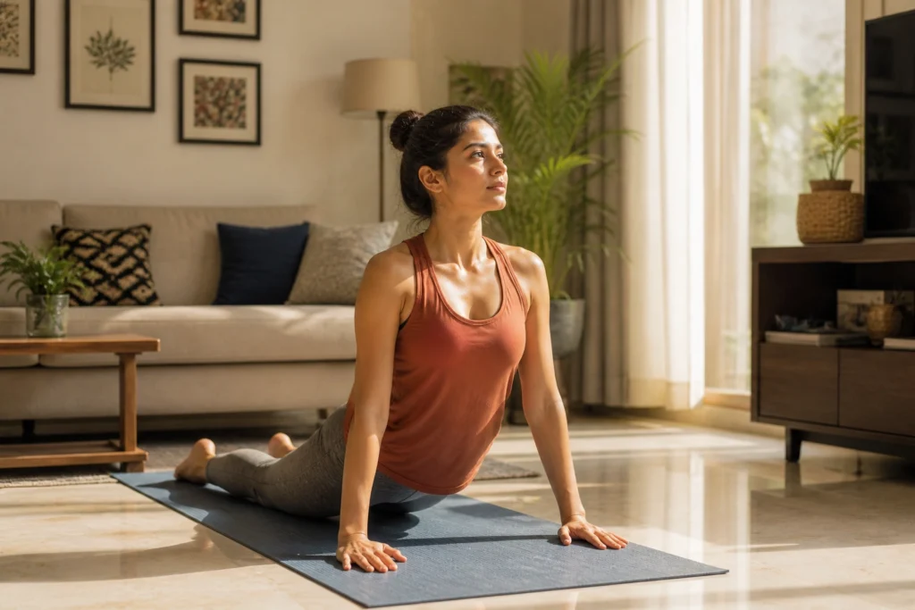 Indian woman doing yoga at home for health benefits