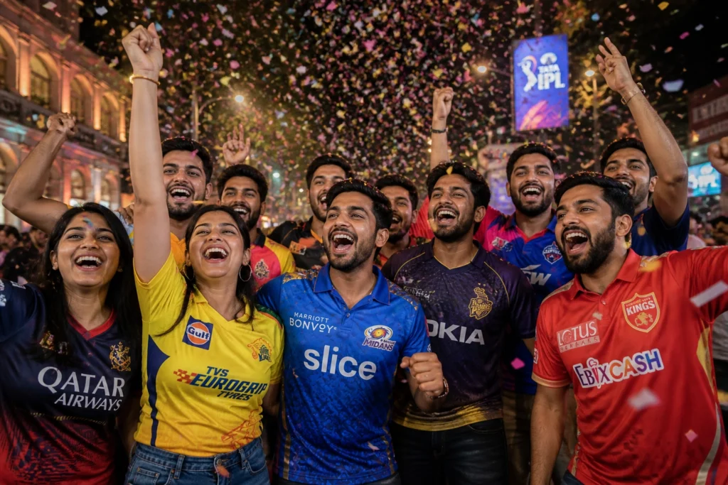Young Indian fans from different regions celebrating together in IPL team jerseys in a city street