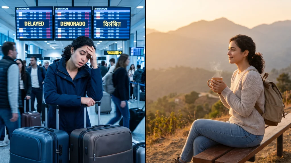 A visual contrast between the stress of over-planned long holidays and the freedom of a spontaneous weekend micro-escape in India — illustrating why more Indians are choosing shorter trips