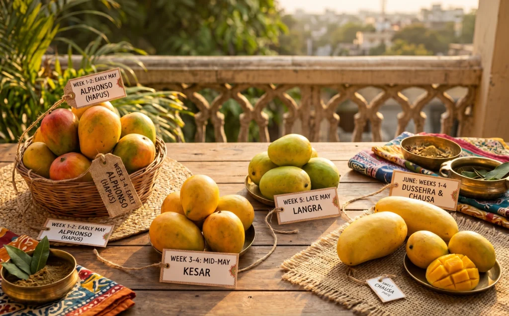 Popular Indian mango varieties including Langra, Dussehra, Kesar and Totapuri cut open to compare texture and color.