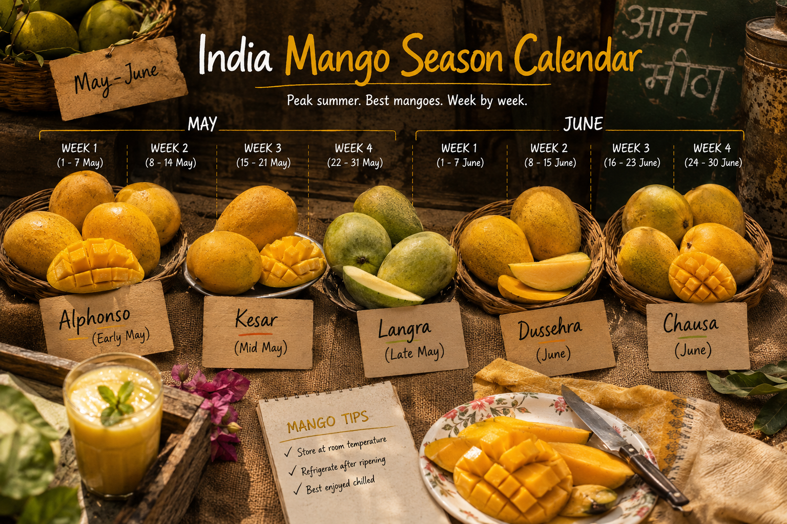 Week-by-week mango season calendar in India showing when Alphonso, Langra, Dussehra and Chausa are best to buy.