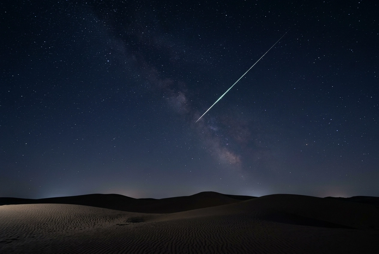 A bright Perseid meteor streak across the night sky above Rajasthan desert, captured during India's best meteor shower season