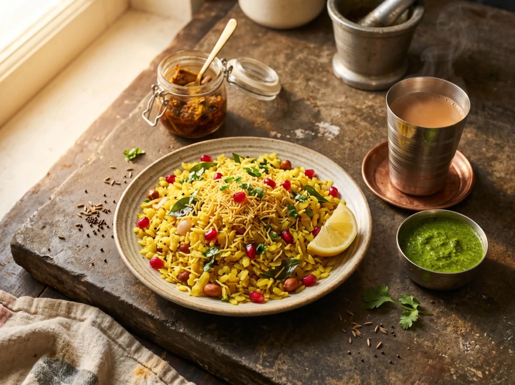 A plate of poha with sev, coriander, and pomegranate, served alongside masala chai — a nostalgic Indian comfort breakfast recipe that captures the warmth of slow mornings at home