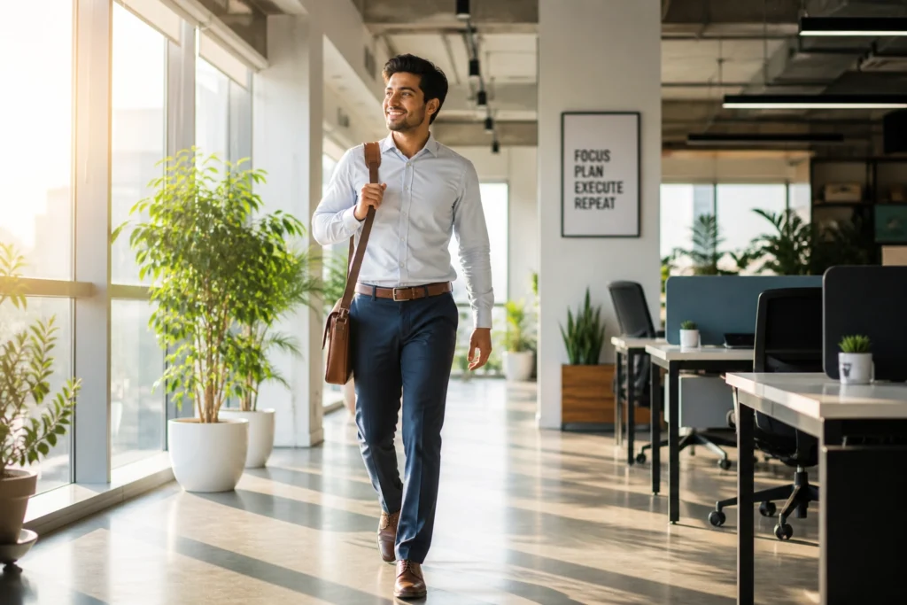 A confident young professional starting a productive morning after an early wake-up routine