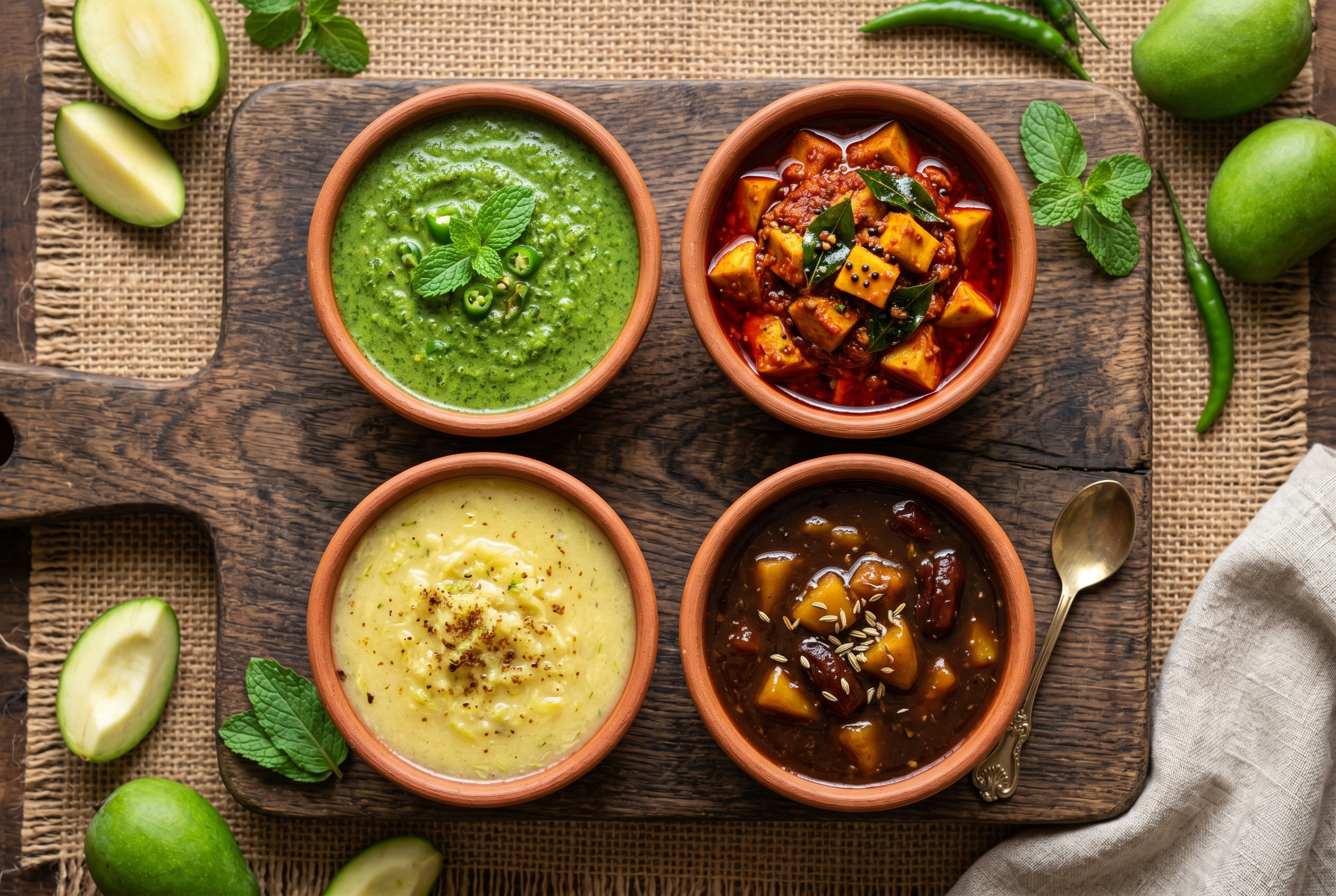 Four regional raw mango chutney varieties arranged together, showing how differently raw mango recipes vary across India