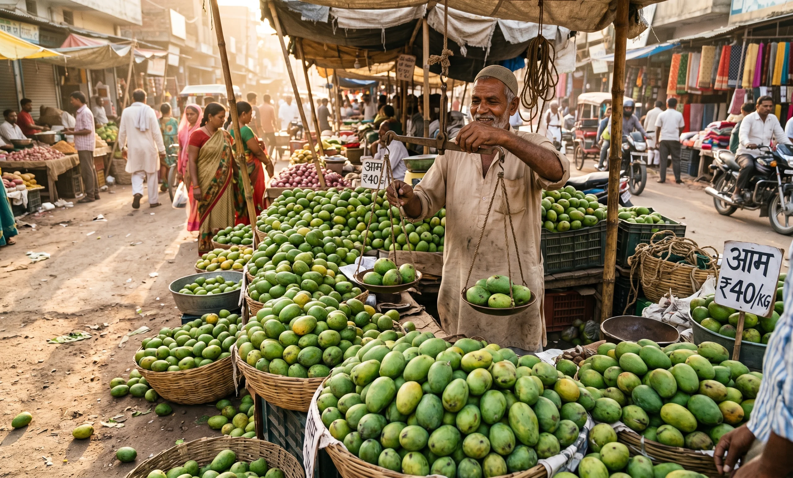 A North Indian market vendor selling raw mangoes, the start of kairi season for traditional raw mango recipes