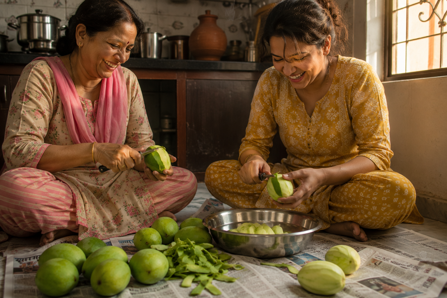 Indian mother and daughter preparing raw mango recipes together at home, a summer tradition across generations